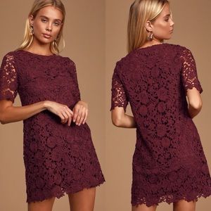 Lulus Complete Perfection Burgundy Lace Short Sleeve Mini Dress Small